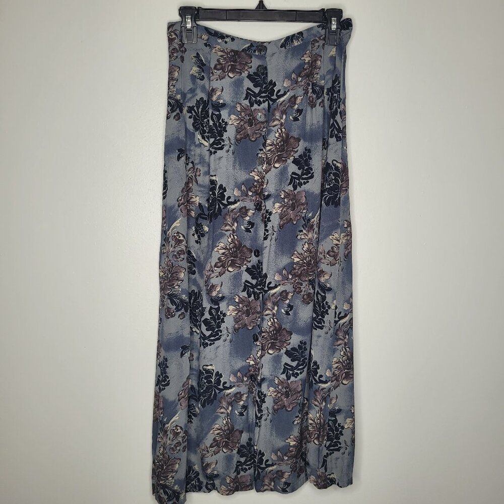 Vintage 90s gray blue grunge floral button front midi maxi moody skirt size M